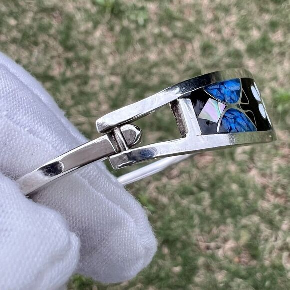 Vintage Alpaca Mexico Women's Bracelet Abalone Shell Floral Silver Tone Signed - Picture 16 of 16